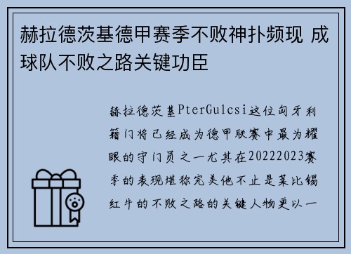 赫拉德茨基德甲赛季不败神扑频现 成球队不败之路关键功臣