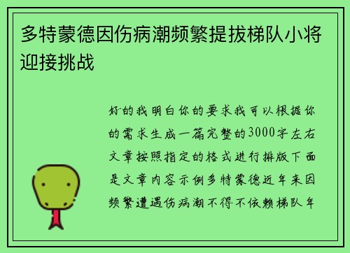 多特蒙德因伤病潮频繁提拔梯队小将迎接挑战