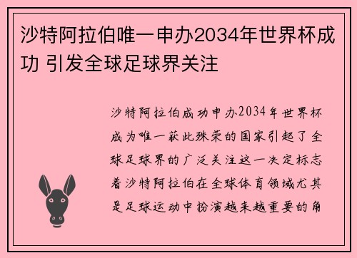 沙特阿拉伯唯一申办2034年世界杯成功 引发全球足球界关注