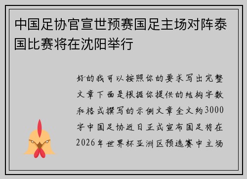 中国足协官宣世预赛国足主场对阵泰国比赛将在沈阳举行